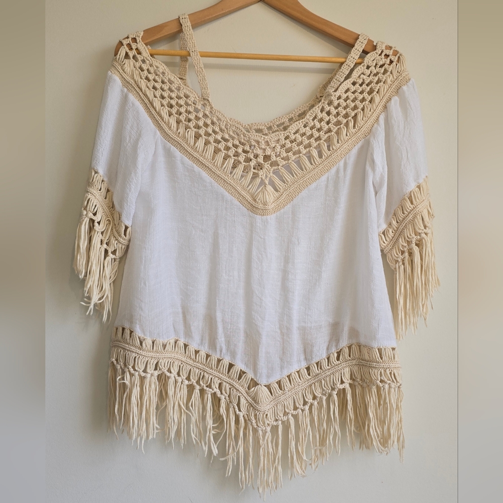 Dreamers Fringe Crochet Cold-Shoulder Boho Top in White & Cream Size S - Picture 4 of 5